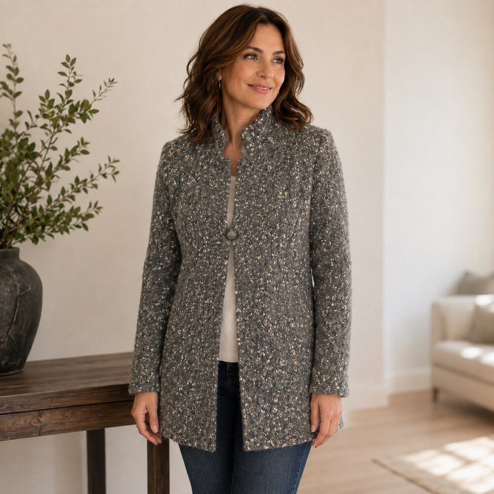 Marisa Christina Women’s Sweater Jacket Medium Gray Boucle Alpaca Mohair Wool